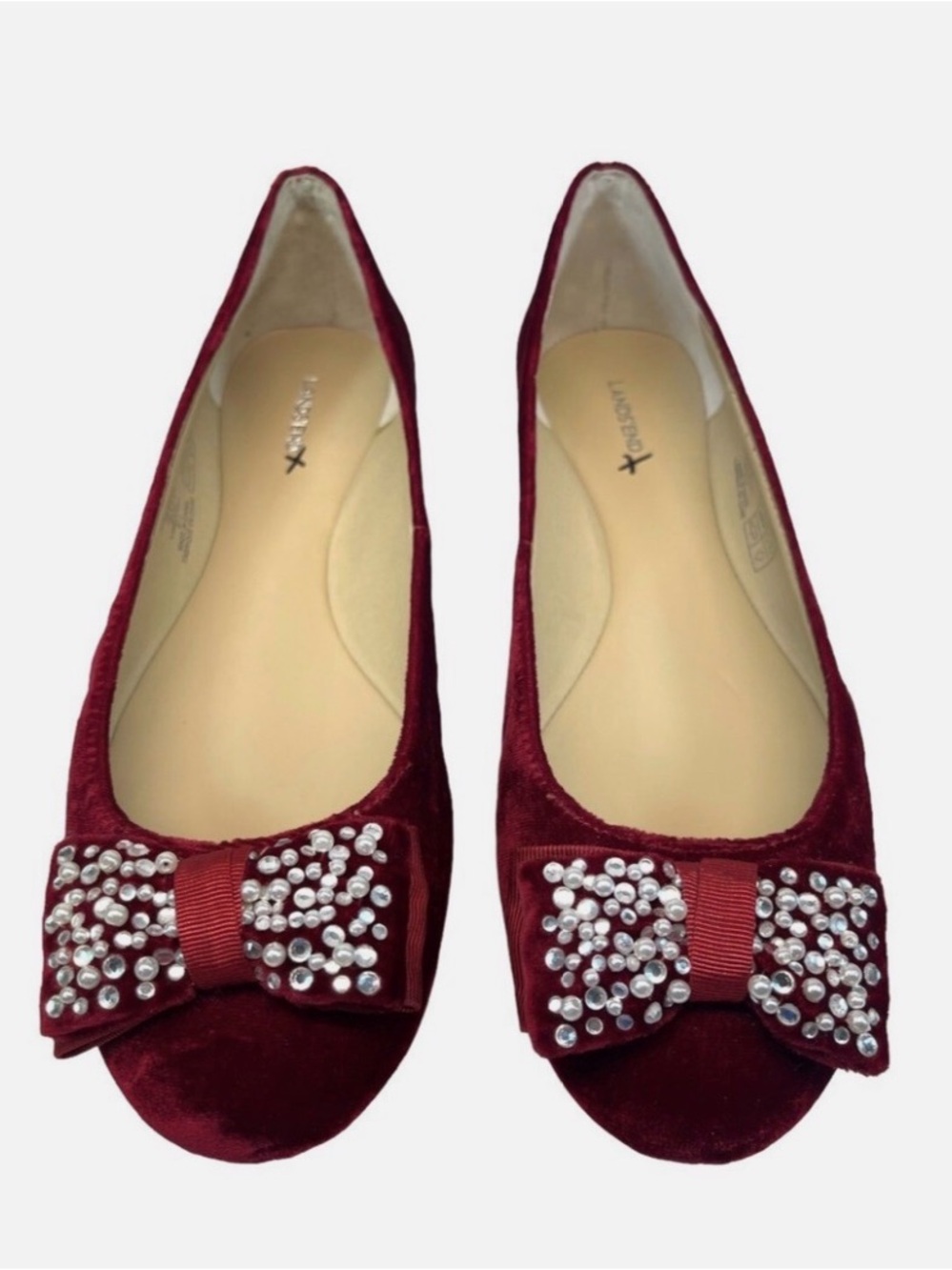 Lands' End Women's Red Velvet Bow Flats with Crystal Accents